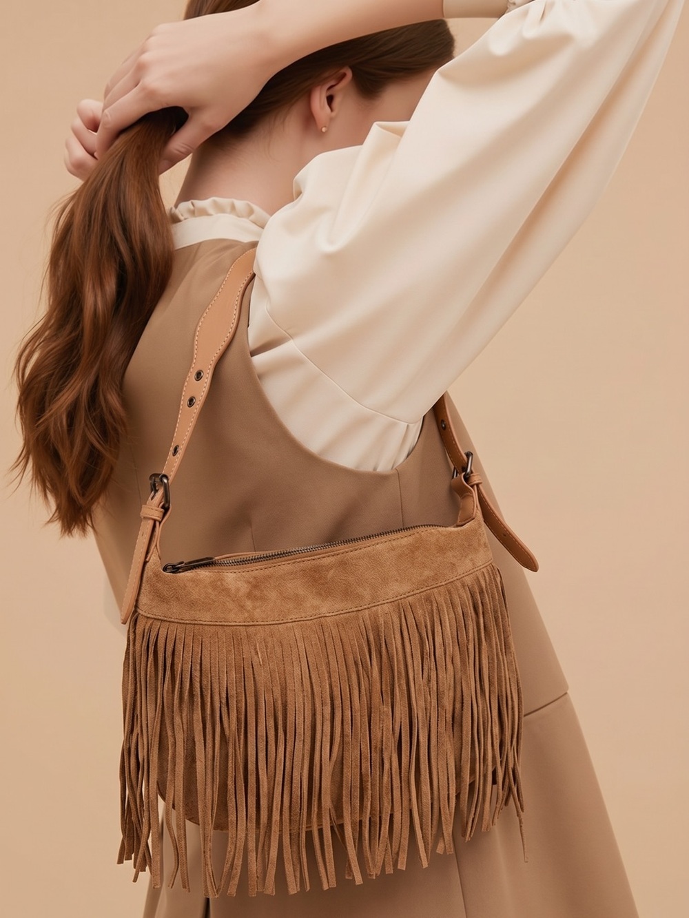 Boho Suede Fringe Crossbody Bag in Tan - Picture 4 of 13
